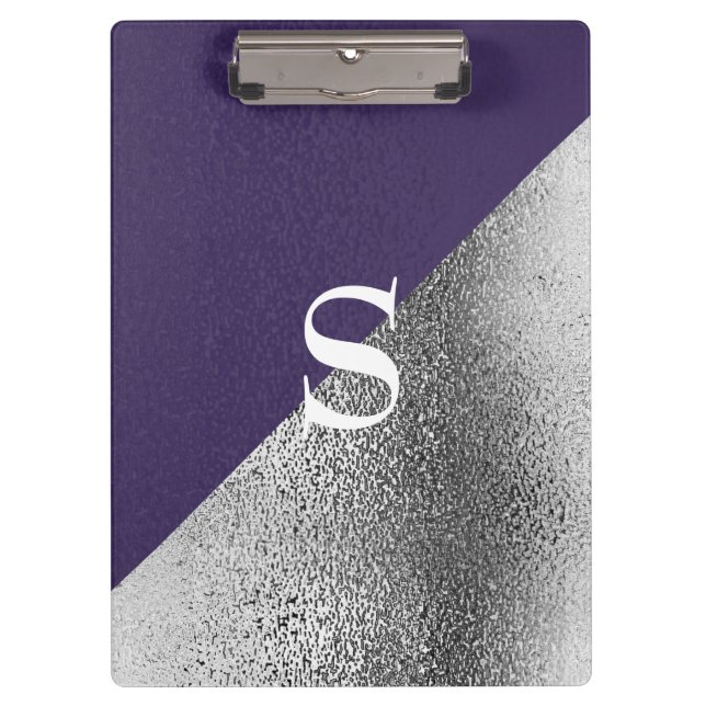 Elegant Custom Monogram Metallic Purple Silver Clipboard (Front)