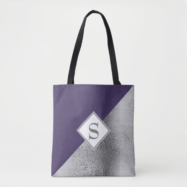Elegant Custom Monogram Metallic Purple Silver Tote Bag (Front)