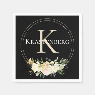 Elegant Custom Monogram Name White Roses on Black Napkin