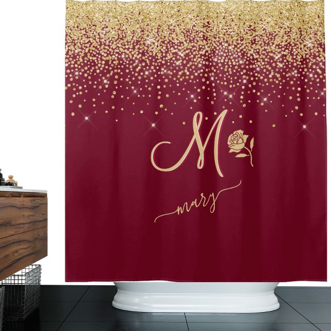Elegant Custom Monogram Red Gold Sparkle  Shower Curtain (Creator Uploaded)