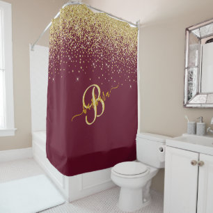Elegant Custom Monogram Red Gold Sparkle    Shower Curtain