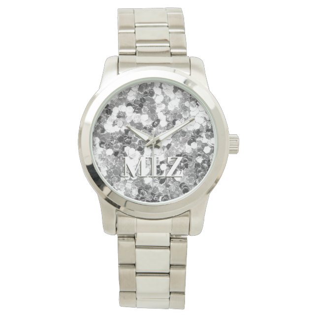 Elegant Custom Monogram Silver Glitter Look Watch (Front)