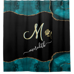 Elegant Custom Monogram Teal Black Gold Shower Curtain