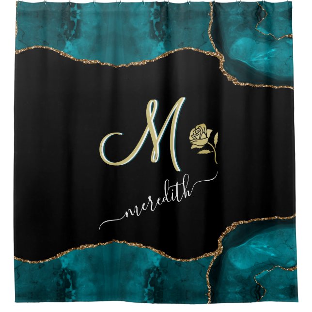 Elegant Custom Monogram Teal Black Gold Shower Curtain (Front)
