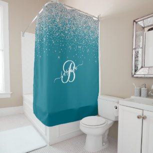 Elegant Custom Monogram Turquoise Silver Sparkle   Shower Curtain