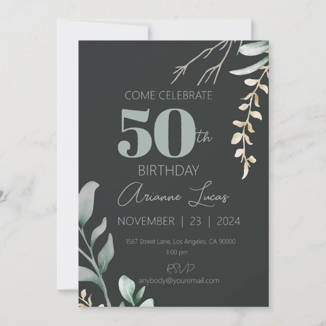 Elegant Custom Name 50th Birthday Black            Invitation (Front)