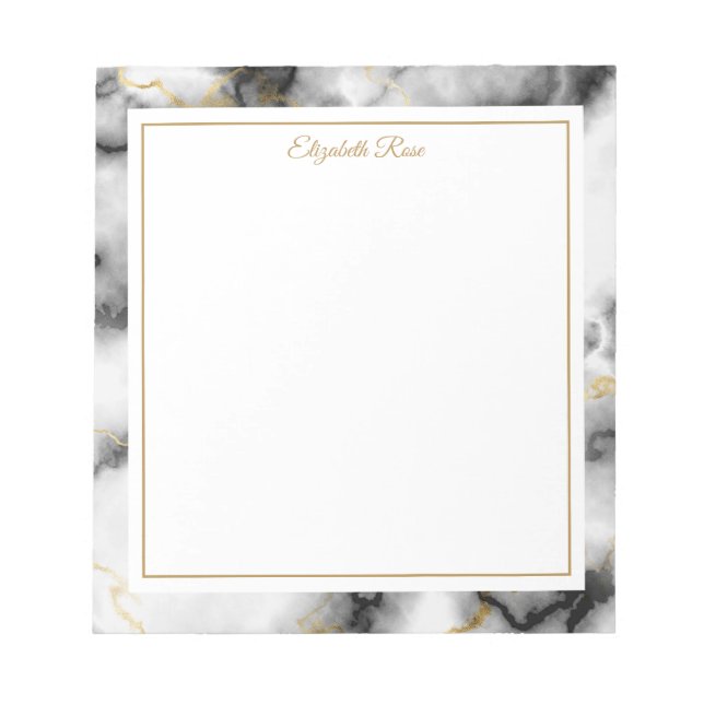 Elegant Custom Name Black White Gold Marble  Notepad (Front)