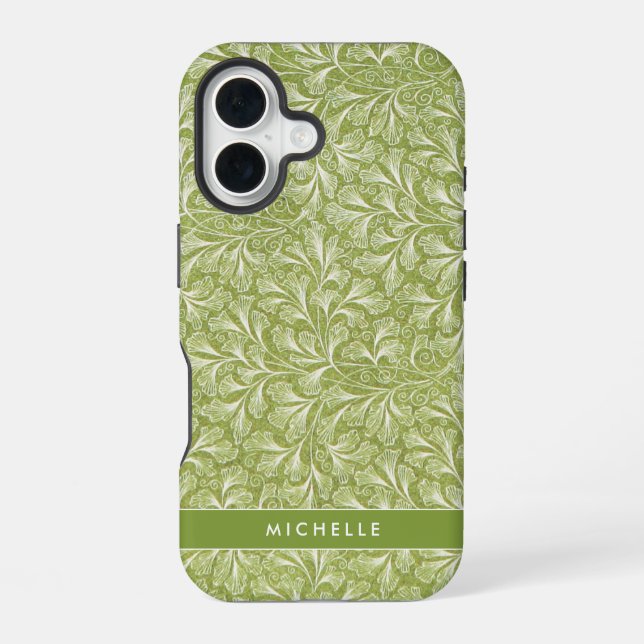 Elegant Custom Name Green Botanical iPhone 16 Case (Back)