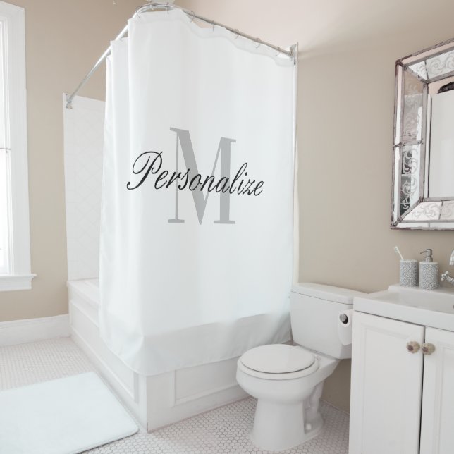 Elegant custom name monogram black and white shower curtain (In Situ)