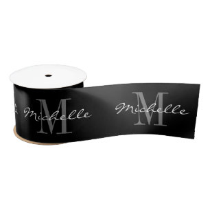 Elegant custom name monogram black Christmas Satin Ribbon