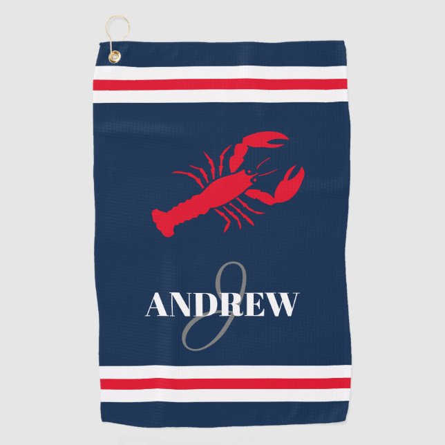 Elegant custom name red lobster golfing gift golf towel (Front)