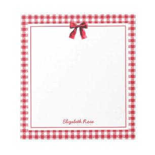Elegant Custom Name Red Plaid Coquette Bow Notepad