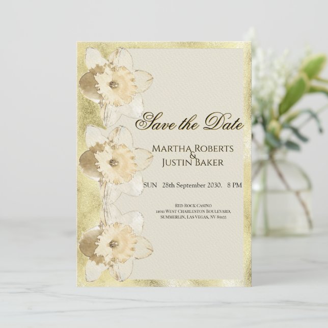Elegant custom narcissus flower with gold frame invitation (Standing Front)