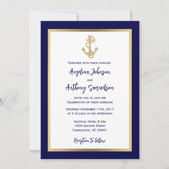 Elegant Custom Navy Blue Gold Nautical Wedding Invitation (Front)