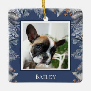 Elegant Custom Pet Watercolor Blue Christmas  Ceramic Ornament