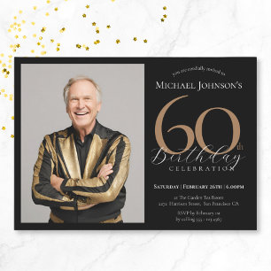 Elegant Custom Photo Black Gold 60th Birthday Invitation
