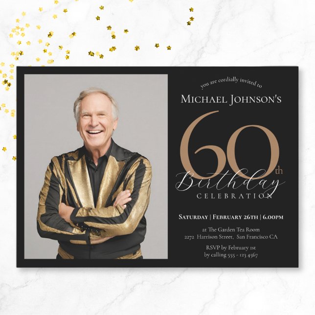 Elegant Custom Photo Black Gold 60th Birthday Invitation (Elegant Custom Photo Black Gold 60th Birthday Invitation)