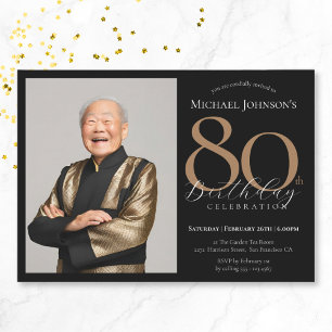 Elegant Custom Photo Black Gold 80th Birthday Invitation