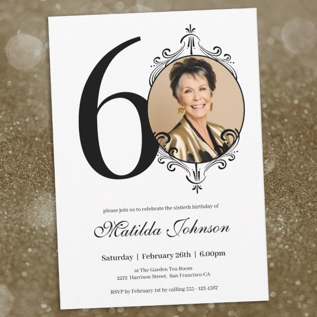 Elegant Custom Photo Black White 60th Birthday Invitation (60th Birthday Black White Elegant Custom Photo Invitation)