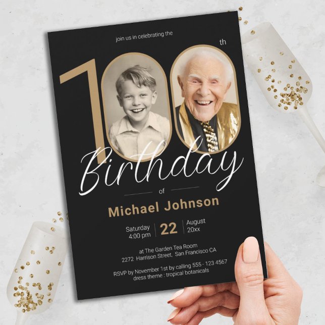 Elegant Custom Photo Gold Black 100th Birthday  Invitation (100th Birthday Gold Black Elegant Custom Photo Invitation)
