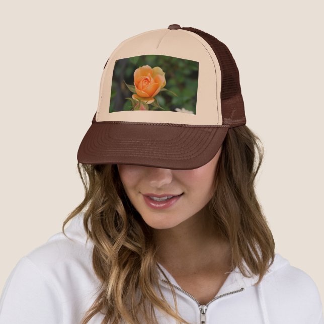 Elegant Custom-Printed Orange Flower with a Leaf Trucker Hat (In Situ)