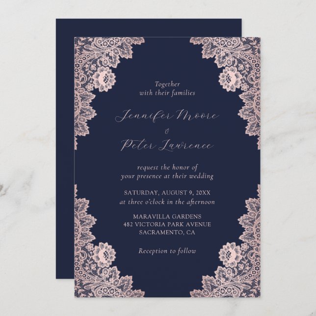 Elegant Custom Rose Gold and Navy Blue Wedding Invitation (Front/Back)