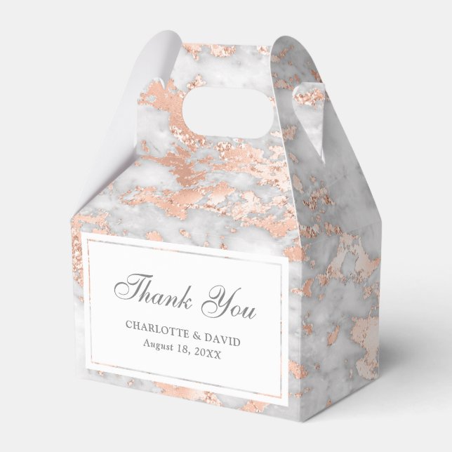 Elegant Custom Rose Gold and White Marble Wedding Favour Box (Front Side)