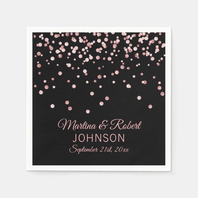 Elegant Custom Rose Gold Confetti & Black Wedding Napkin (Front)