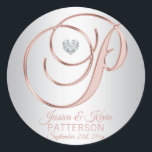 Elegant Custom Silver Grey Rose Gold Wedding Classic Round Sticker<br><div class="desc">Modern yet elegant wedding stickers for your envelopes or favours. LETTER 'P' - Not cheap looking but expensive and classy. Last name, bride and groom's names and date. Faux rose gold letter with faux diamond heart. Font and size can be edited. Background colour (silver grey) can be changed. Contact Designer...</div>