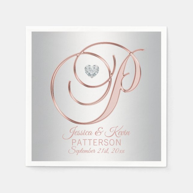 Elegant Custom Silver Grey Rose Gold Wedding Napki Napkin (Front)