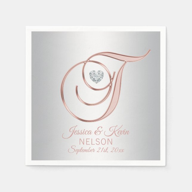 Elegant Custom Silver Grey Rose Gold Wedding Napki Napkin (Front)