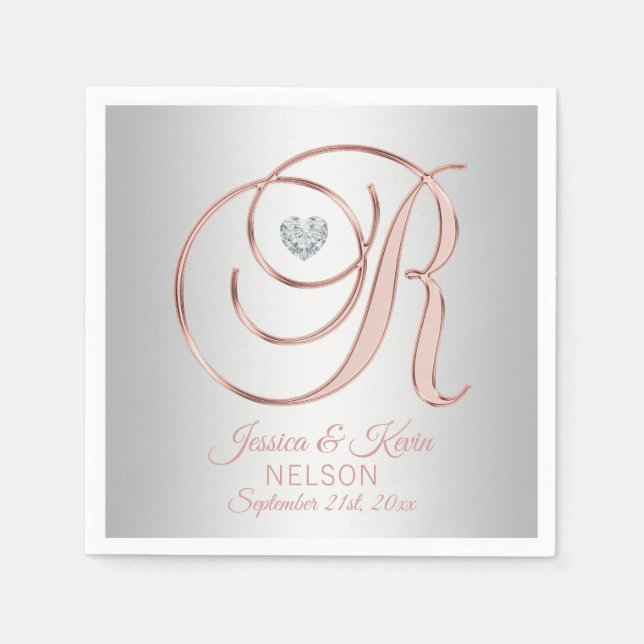 Elegant Custom Silver Grey Rose Gold Wedding Napkin (Front)