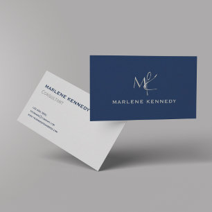 Elegant Custom Silver Monogram Navy Blue Business  Card