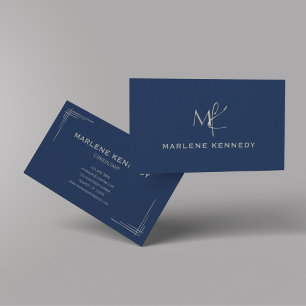 Elegant Custom Silver Monogram Navy Blue Business Card