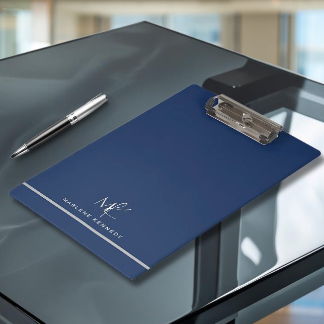 Elegant Custom Silver Monogram Navy Blue  Clipboard (Creator Uploaded)