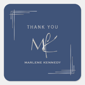 Elegant Custom Silver Monogram Navy Blue Square Sticker