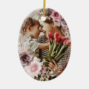 Elegant Custom Simple 2-Photo 2-sided Photo floral Ceramic Ornament