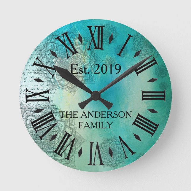 Elegant Custom Teal Blue Mandela Round Clock (Front)