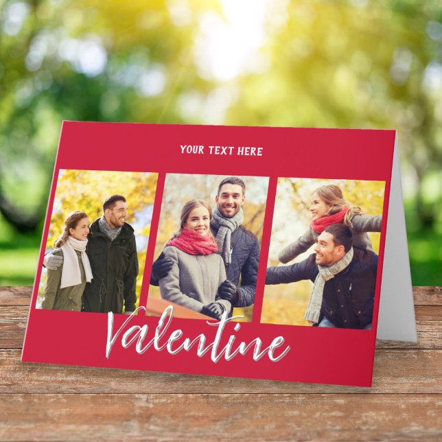 Elegant Custom Text 3 Photos Gallery Valentine's Holiday Card (A romantic red Valentine's card, personalized with 3 photos and your own text)