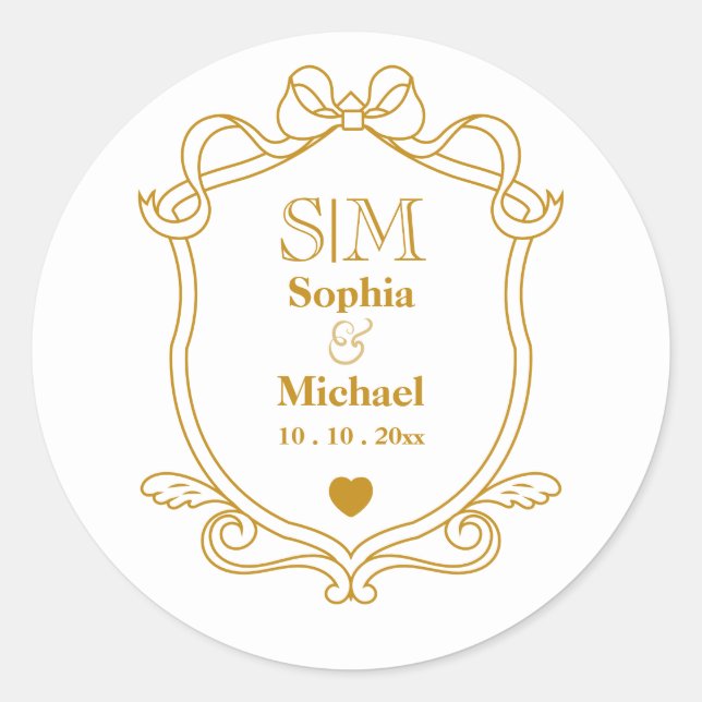 Elegant Custom Wedding Gold Initials Monogram Classic Round Sticker (Front)