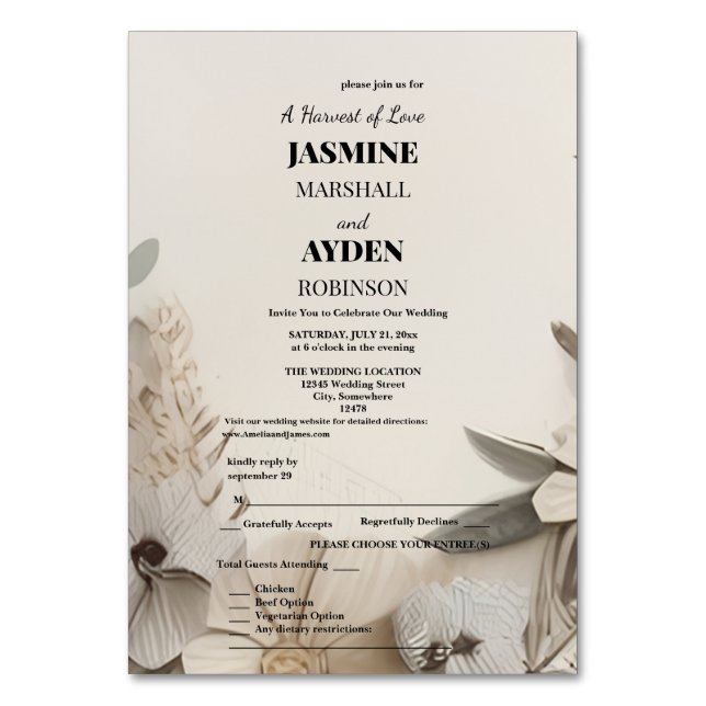 Elegant Custom Wedding Invitations  Table Number (Front)