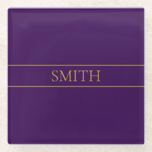 Elegant Customisable Text Gold & Deep Purple Glass Coaster