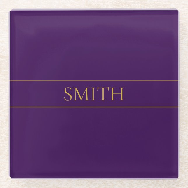 Elegant Customisable Text | Gold & Deep Purple Glass Coaster (Front)