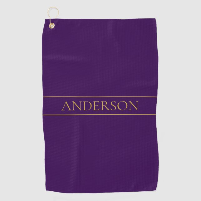 Elegant Customisable Text | Gold & Deep Purple Golf Towel (Front)