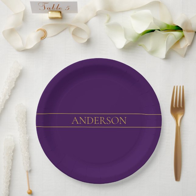 Elegant Customisable Text | Gold & Deep Purple Paper Plate (Wedding)