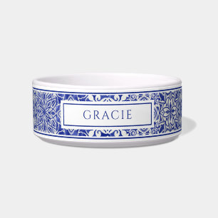 Elegant Customised Blue White Tile Pattern Pet  Bowl