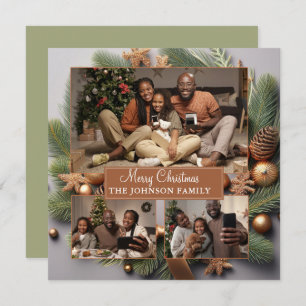Elegant Cute 3 Photo Family Christmas Evergreen Holiday Card