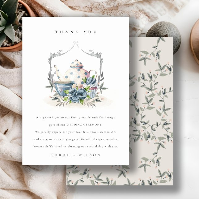 Elegant Cute Aqua Blue Floral Teapot Crest Wedding Thank You Card (Creator Uploaded)