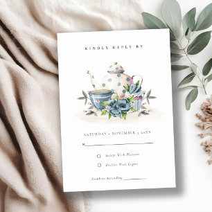 Elegant Cute Aqua Blue Floral Teapot Cup Wedding RSVP Card