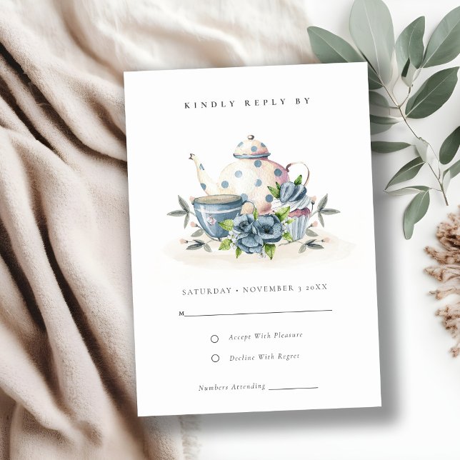 Elegant Cute Aqua Blue Floral Teapot Cup Wedding RSVP Card (Creator Uploaded)